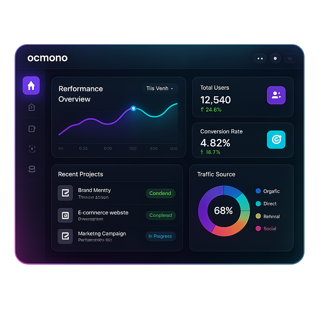 OCMONO dashboard — growth analytics, projects, and performance overview